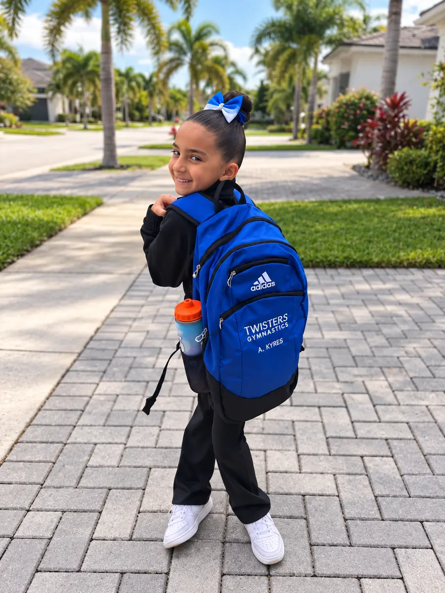 Amelia Kyres outside with her blue Twisters Gymnastics backpack.